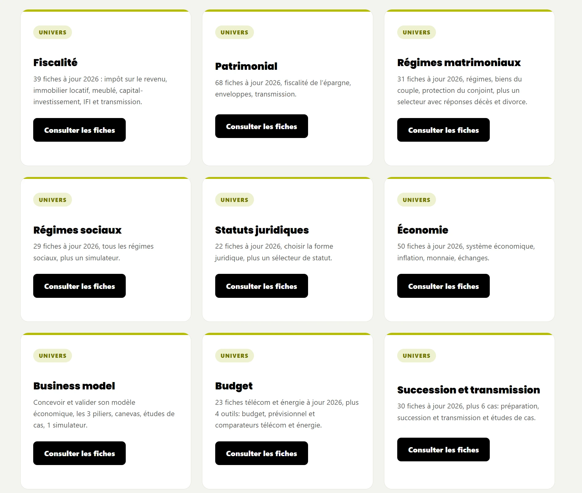 Nine expertise universes inside the DB France Invest private space, each one showing its live count of fact sheets